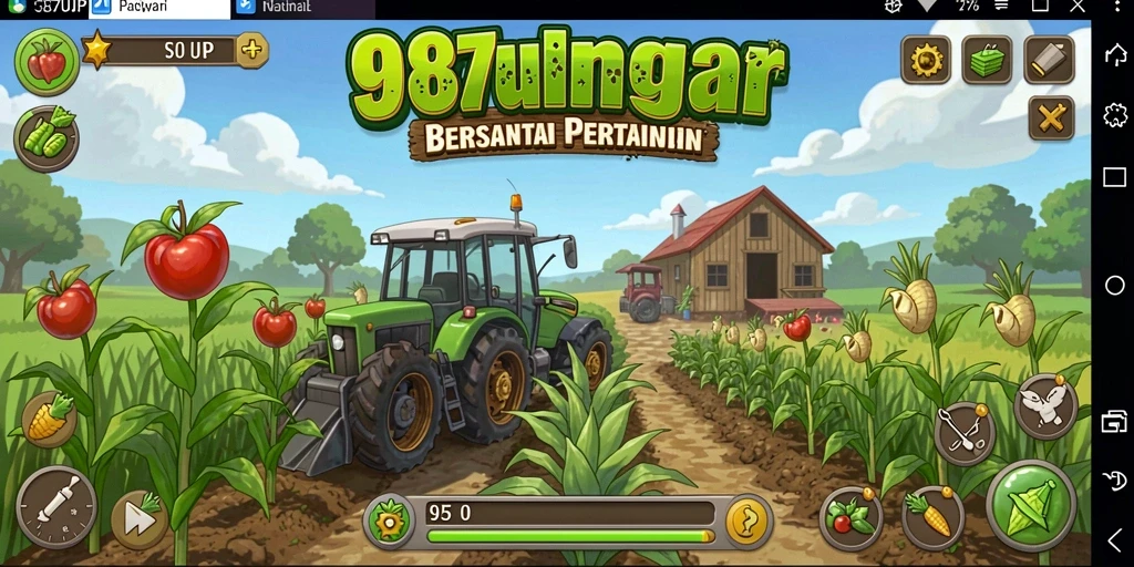 Tampilan gameplay 987UP dengan ladang indah dan aktivitas bertani.