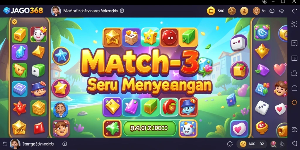 Tampilan gameplay seru JAGO368 dengan permata berwarna-warni dan tantangan match-3.