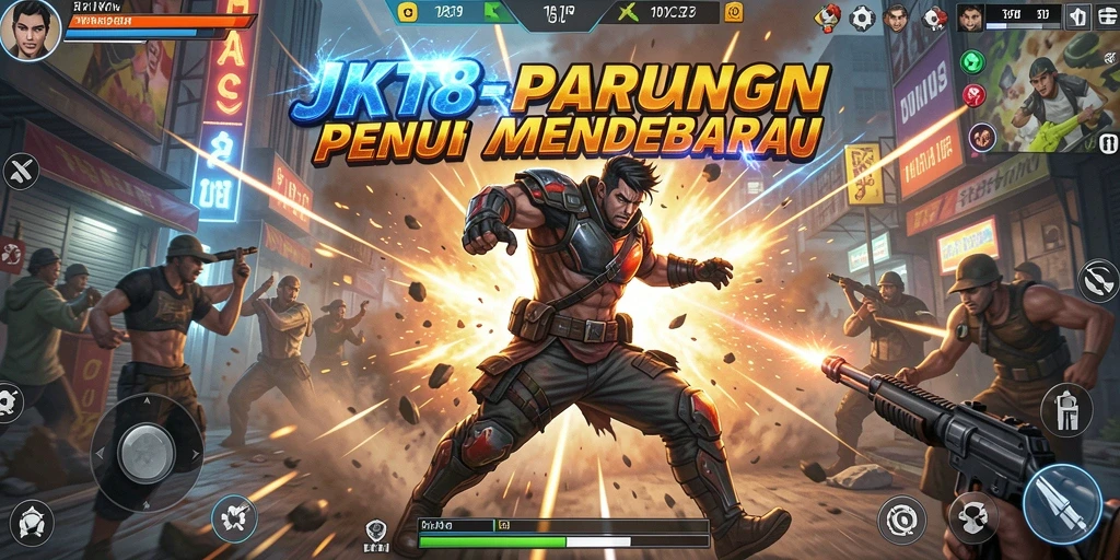 Tampilan gameplay intens dari JKT8 dengan karakter bertarung.
