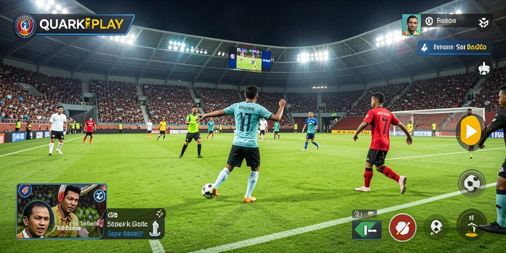 Tampilan gameplay mendebarkan di QUARKPLAY dengan aksi sepak bola yang nyata.