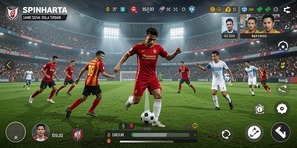 Tangkapan layar dari gameplay sepak bola yang intens di SPINHARTA.