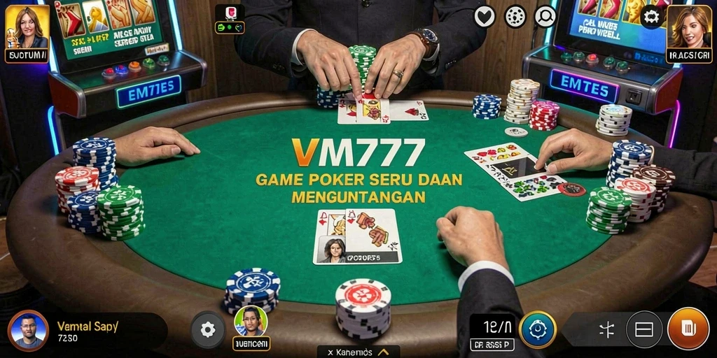 Tampilan gameplay seru di aplikasi VM777 dengan suasana poker yang intens.
